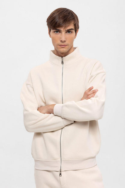 KOALA SYDNEY Men's Beige High Collar Double Zipper Closure Sweatshirt