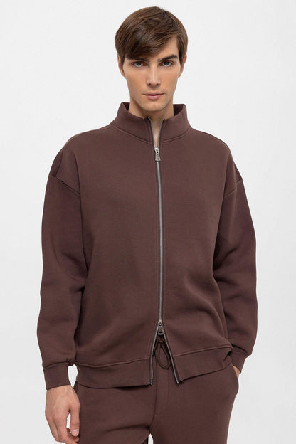 KOALA SYDNEY Men's Brown High Collar Double Zipper Closure Sweatshirt