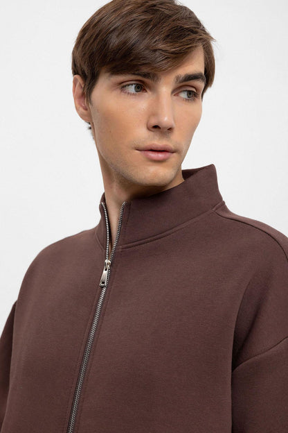 KOALA SYDNEY Men's Brown High Collar Double Zipper Closure Sweatshirt