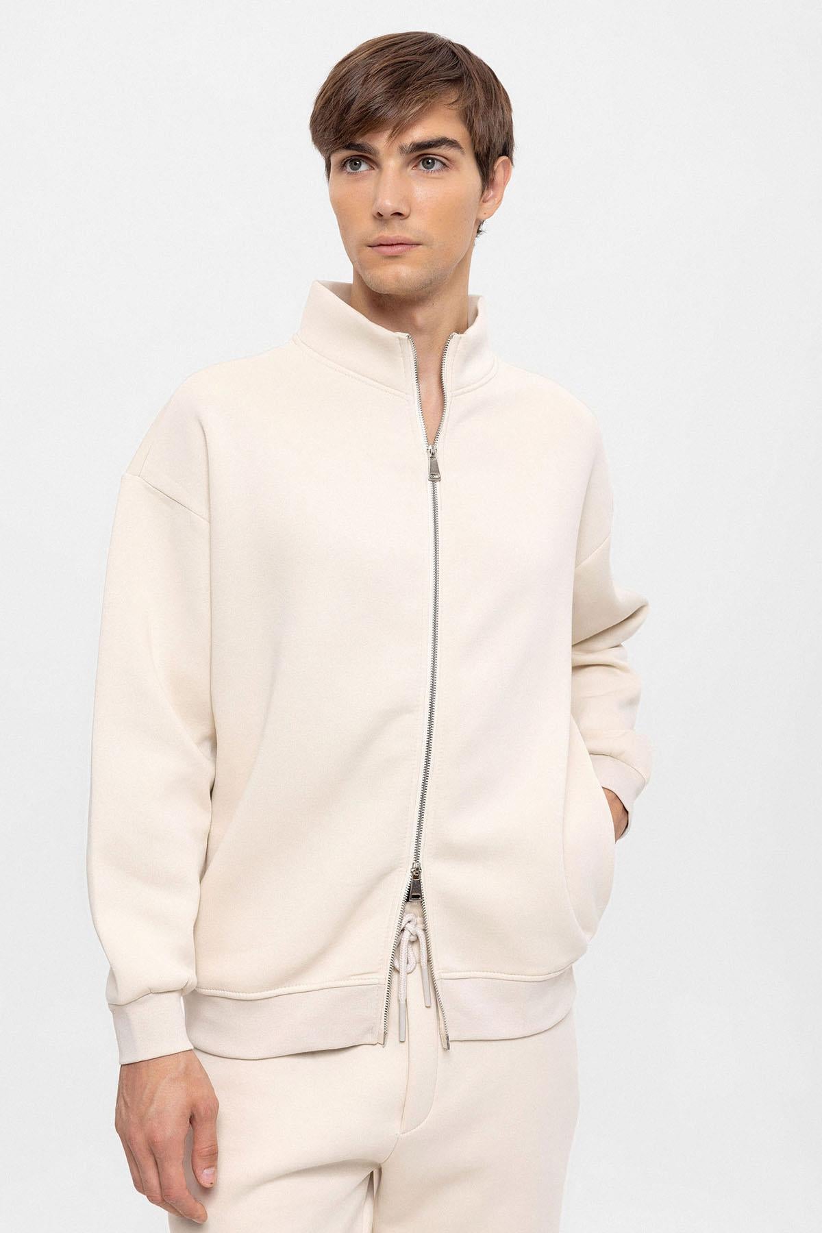 KOALA SYDNEY Men's Beige High Collar Double Zipper Closure Sweatshirt