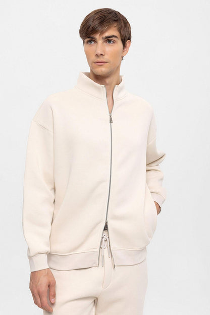KOALA SYDNEY Men's Beige High Collar Double Zipper Closure Sweatshirt