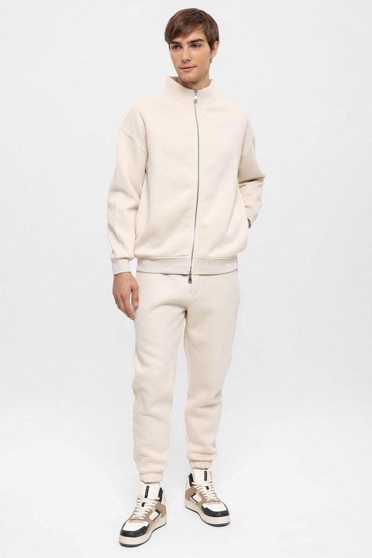 KOALA SYDNEY Men's Beige High Collar Double Zipper Closure Sweatshirt