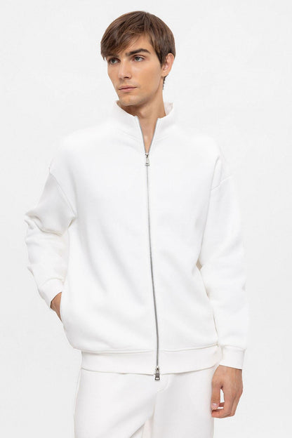KOALA SYDNEY Men's Ecru High Collar Double Zipper Closure Sweatshirt