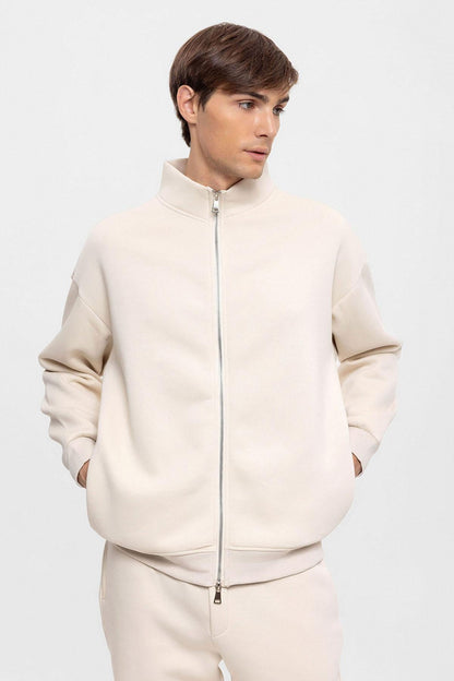 KOALA SYDNEY Men's Beige High Collar Double Zipper Closure Sweatshirt