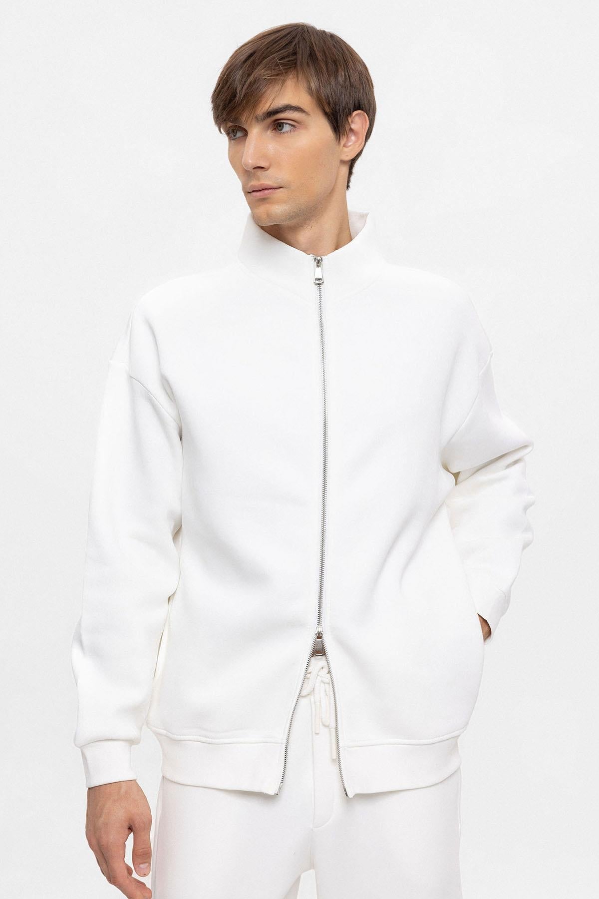 Men's Ecru High Collar Double Zipper Closure Sweatshirt