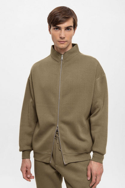 KOALA SYDNEY Men's Khaki High Collar Double Zipper Closure Sweatshirt