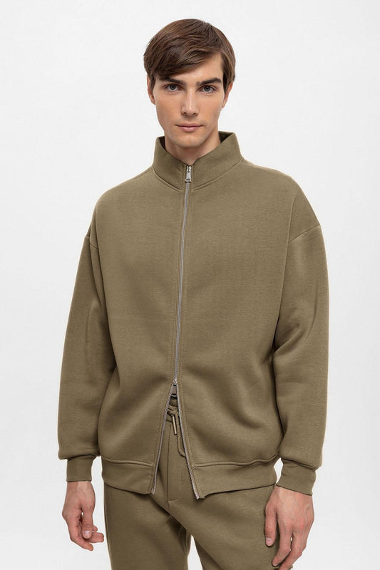 KOALA SYDNEY Men's Khaki High Collar Double Zipper Closure Sweatshirt