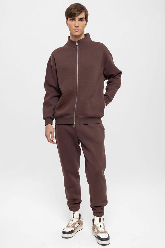 KOALA SYDNEY Men's Brown High Collar Double Zipper Closure Sweatshirt