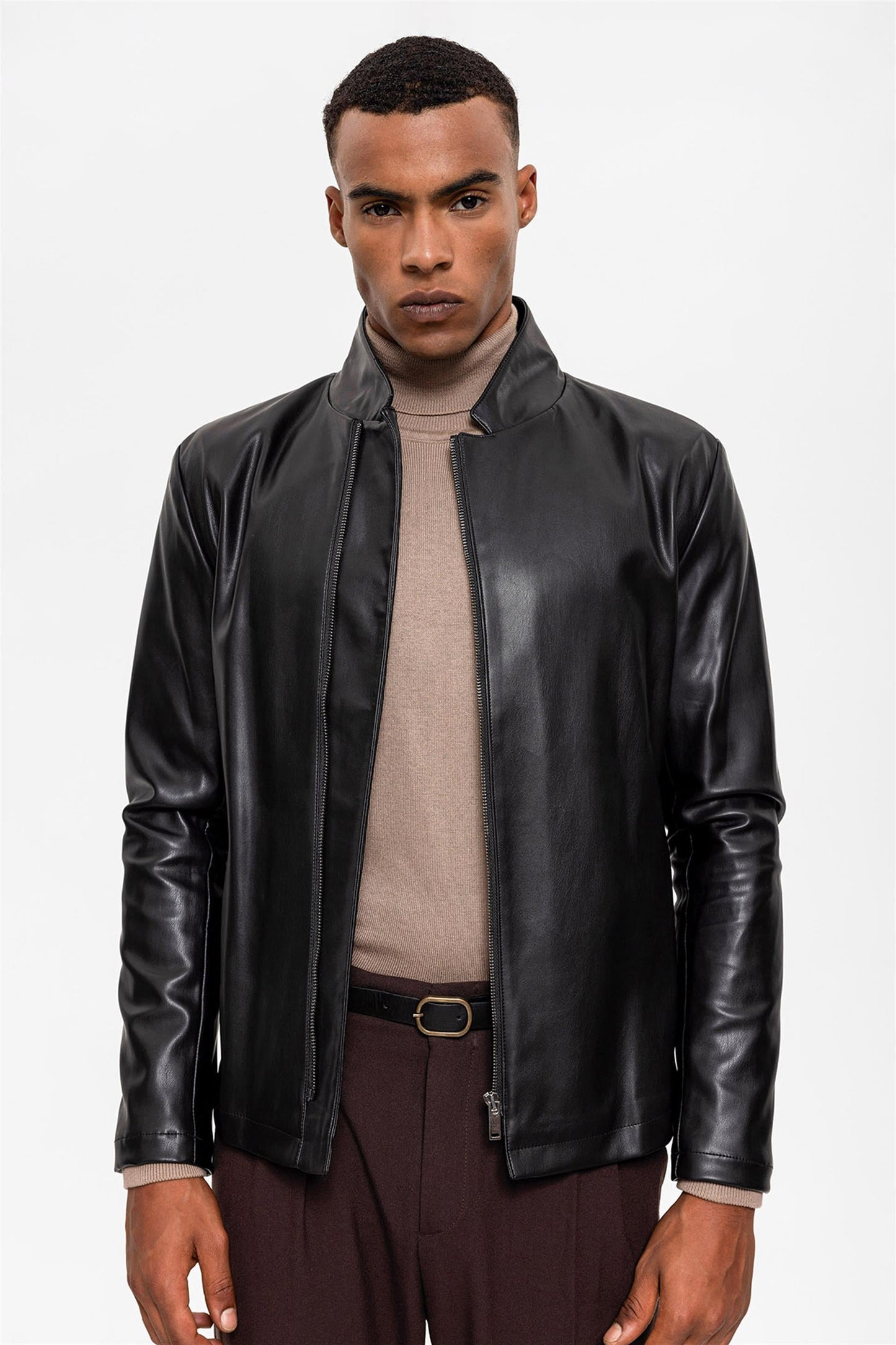 Men's Black Stand Collar Leather Jacket