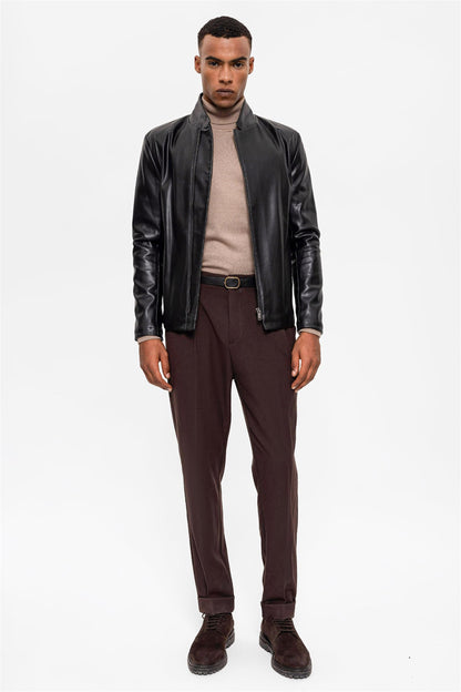 Men's Black Stand Collar Leather Jacket