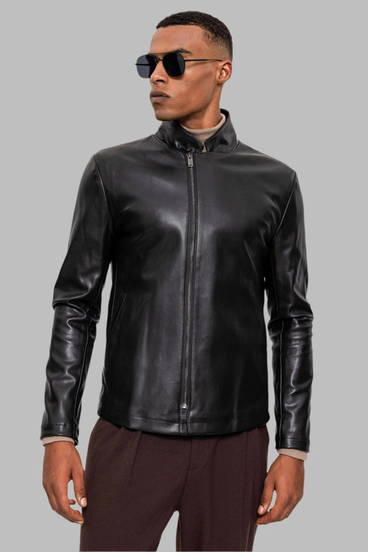 Men's Black Stand Collar Leather Jacket