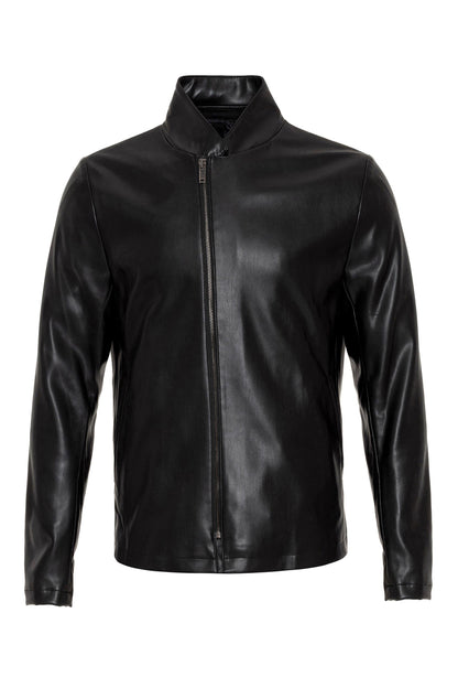 Men's Black Stand Collar Leather Jacket