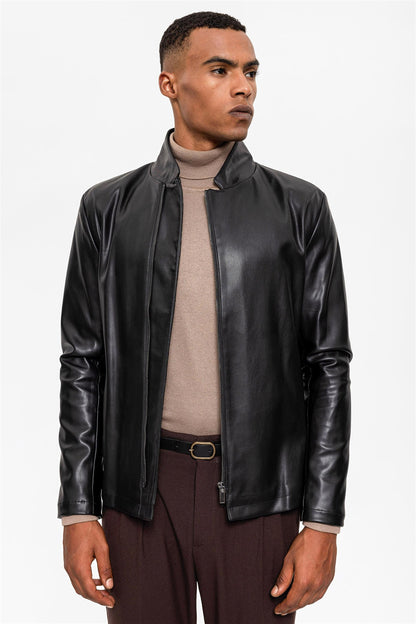 Men's Black Stand Collar Leather Jacket