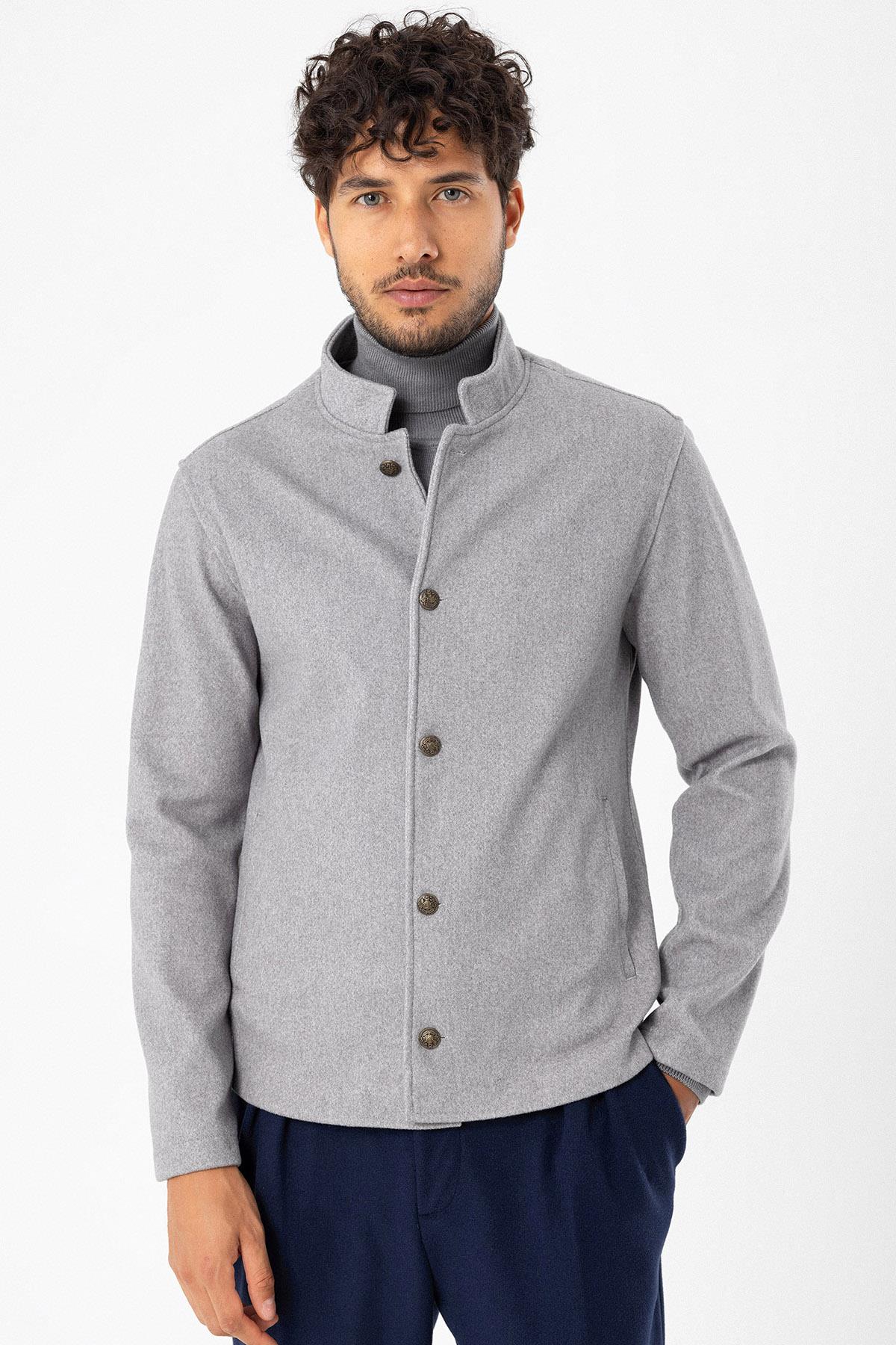 Men's Light Grey High Collar Cashmere Coat