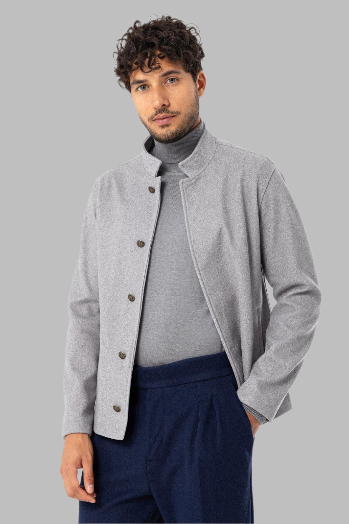 Men's Light Grey High Collar Cashmere Coat