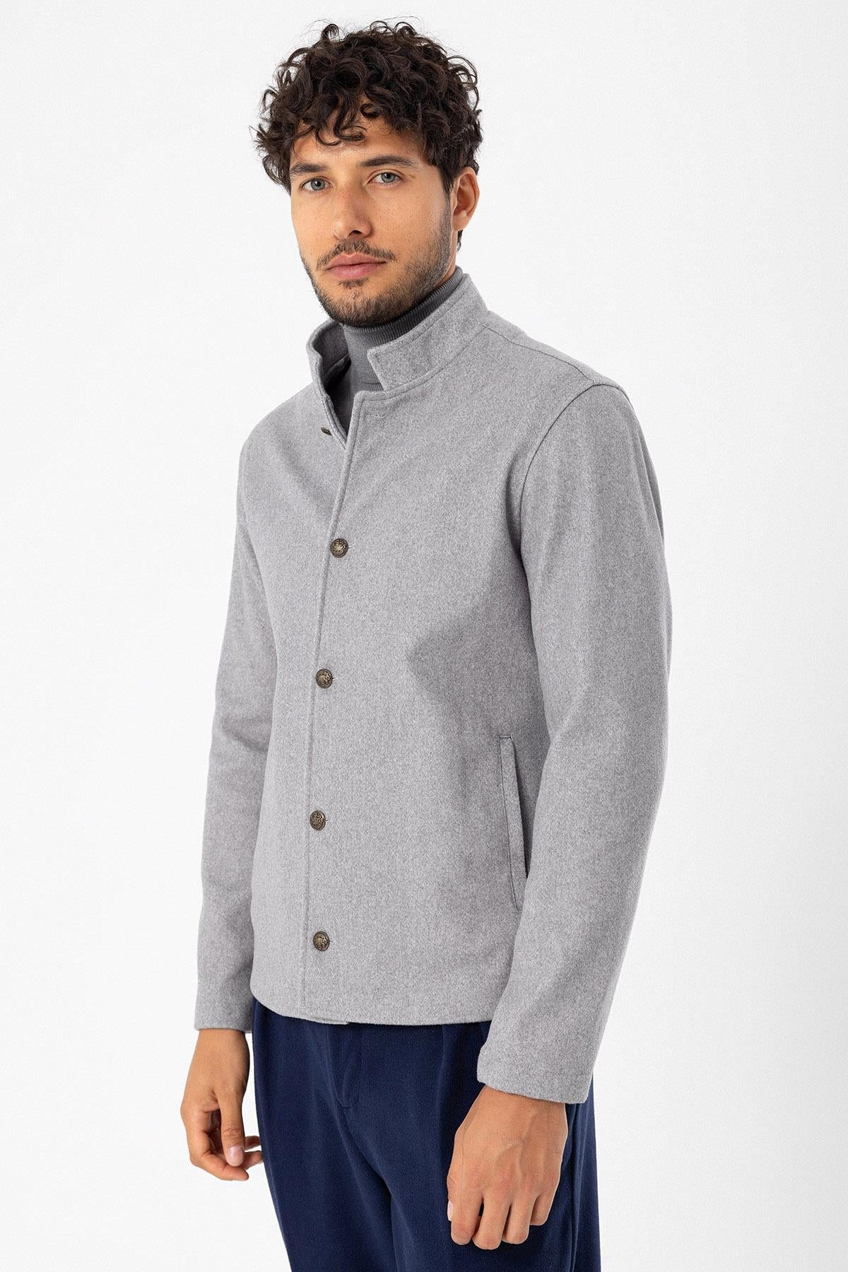 Men's Light Grey High Collar Cashmere Coat