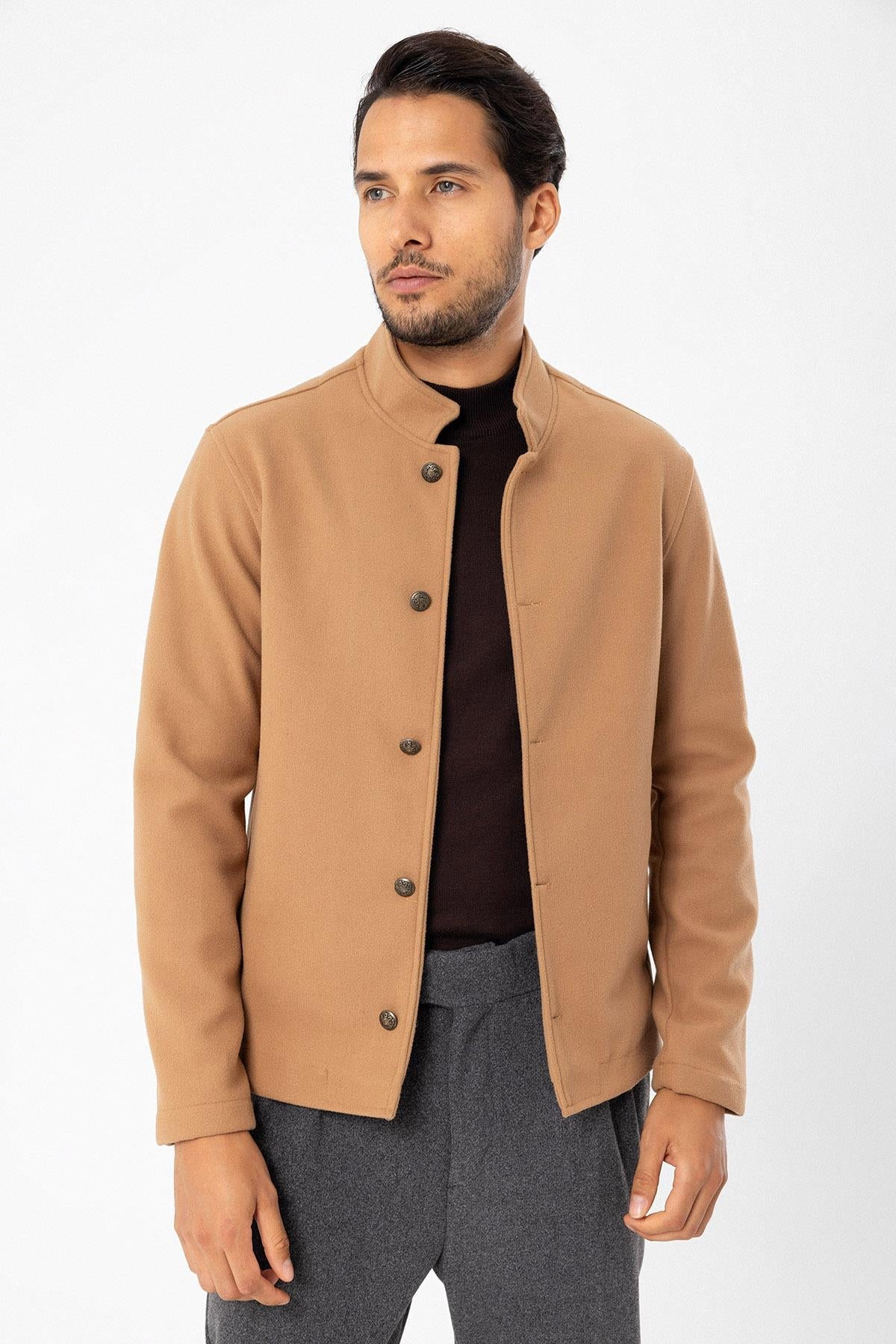 Men's Camel High Collar Cashmere Coat
