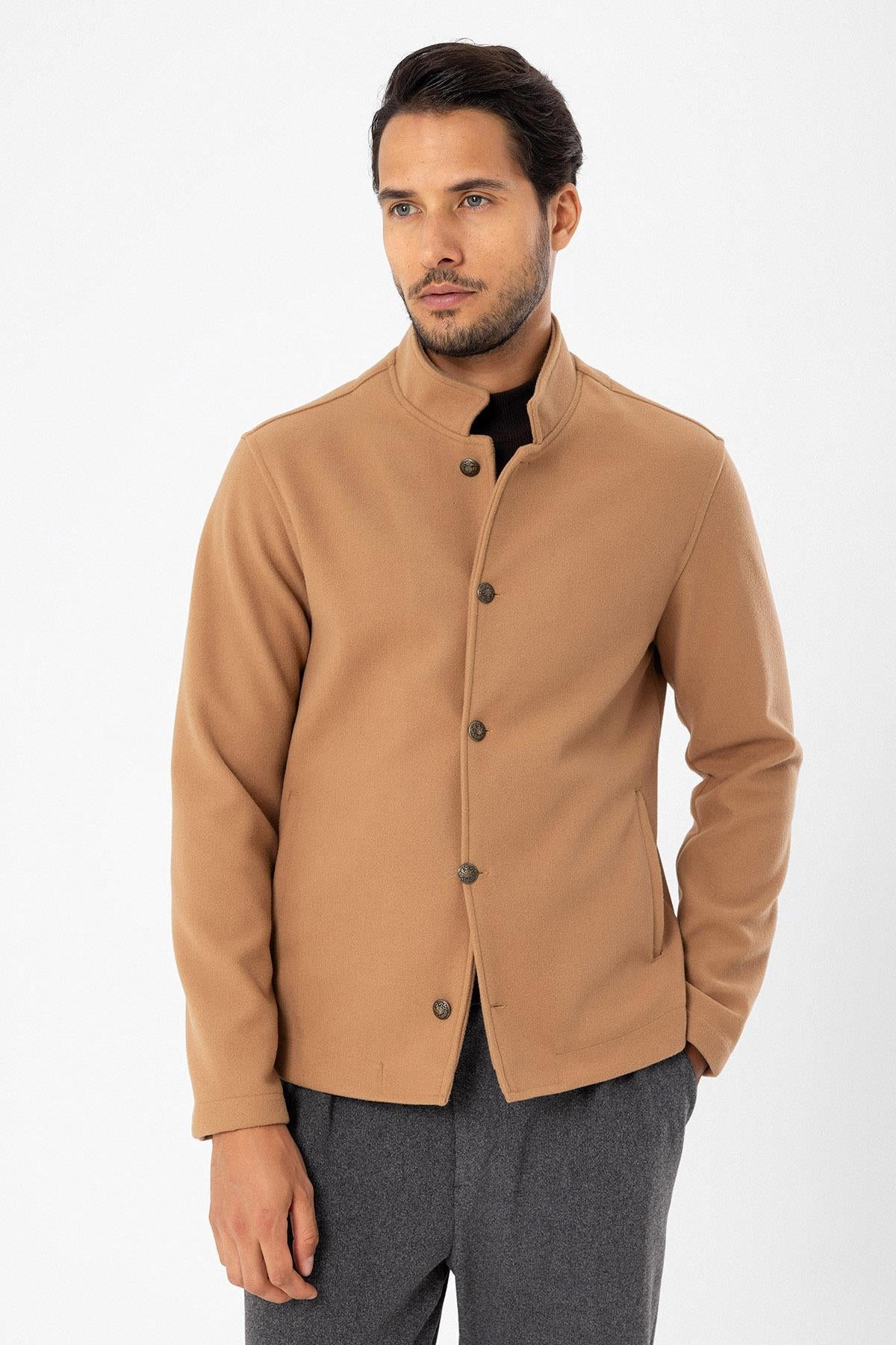 Men's Camel High Collar Cashmere Coat