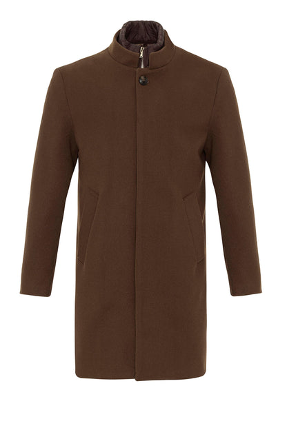 Brown High Collar Men's Coat with Hidden Button Detail