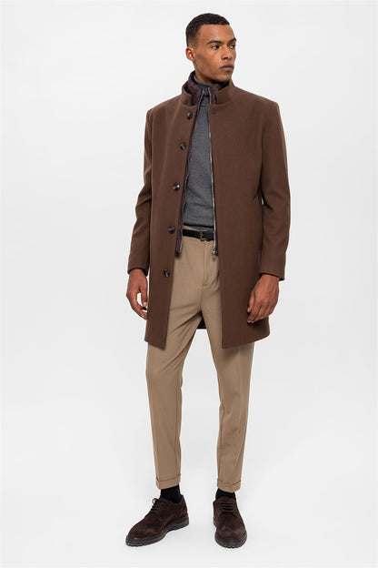 Brown High Collar Men's Coat with Hidden Button Detail