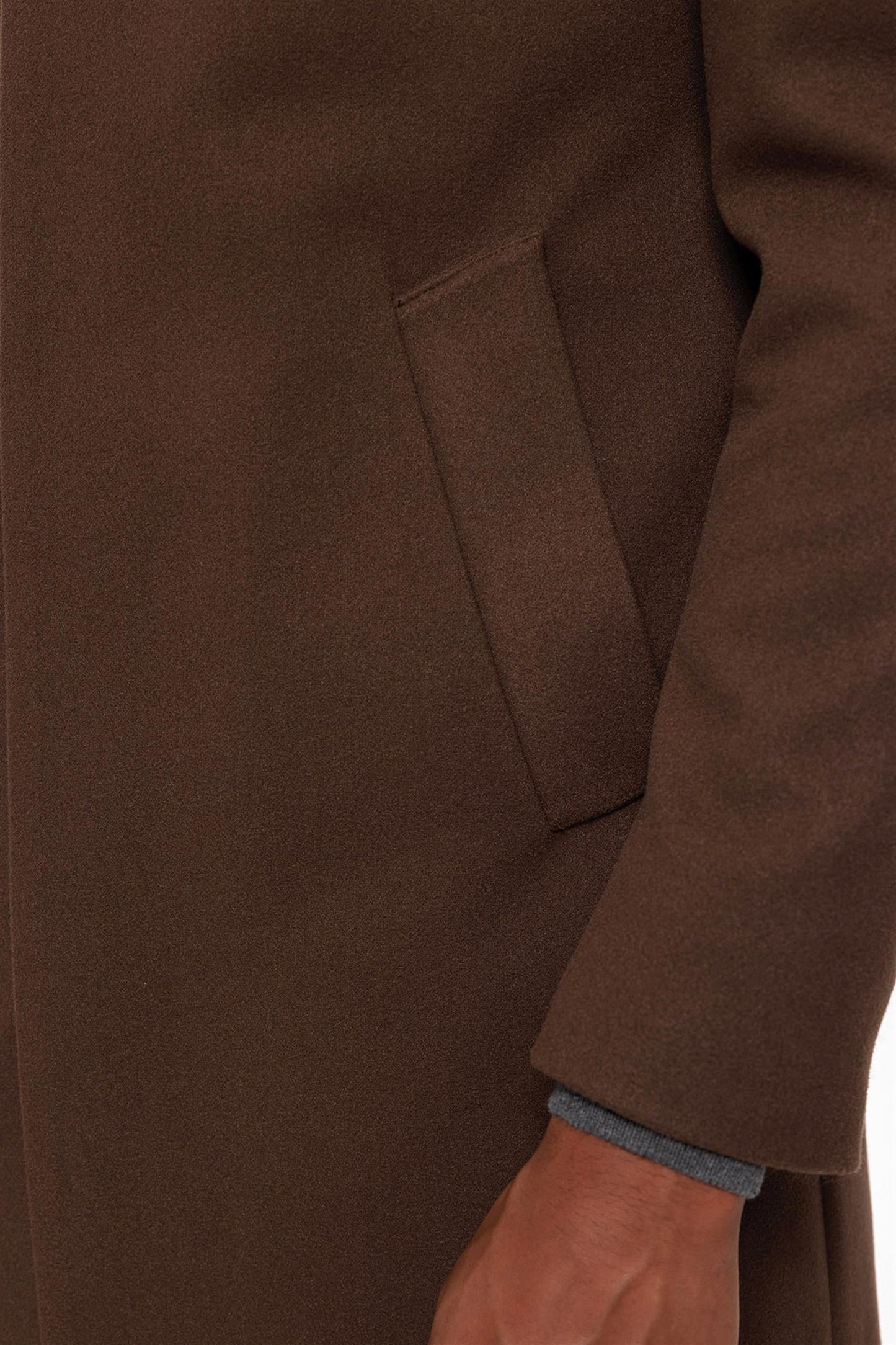 Brown High Collar Men's Coat with Hidden Button Detail