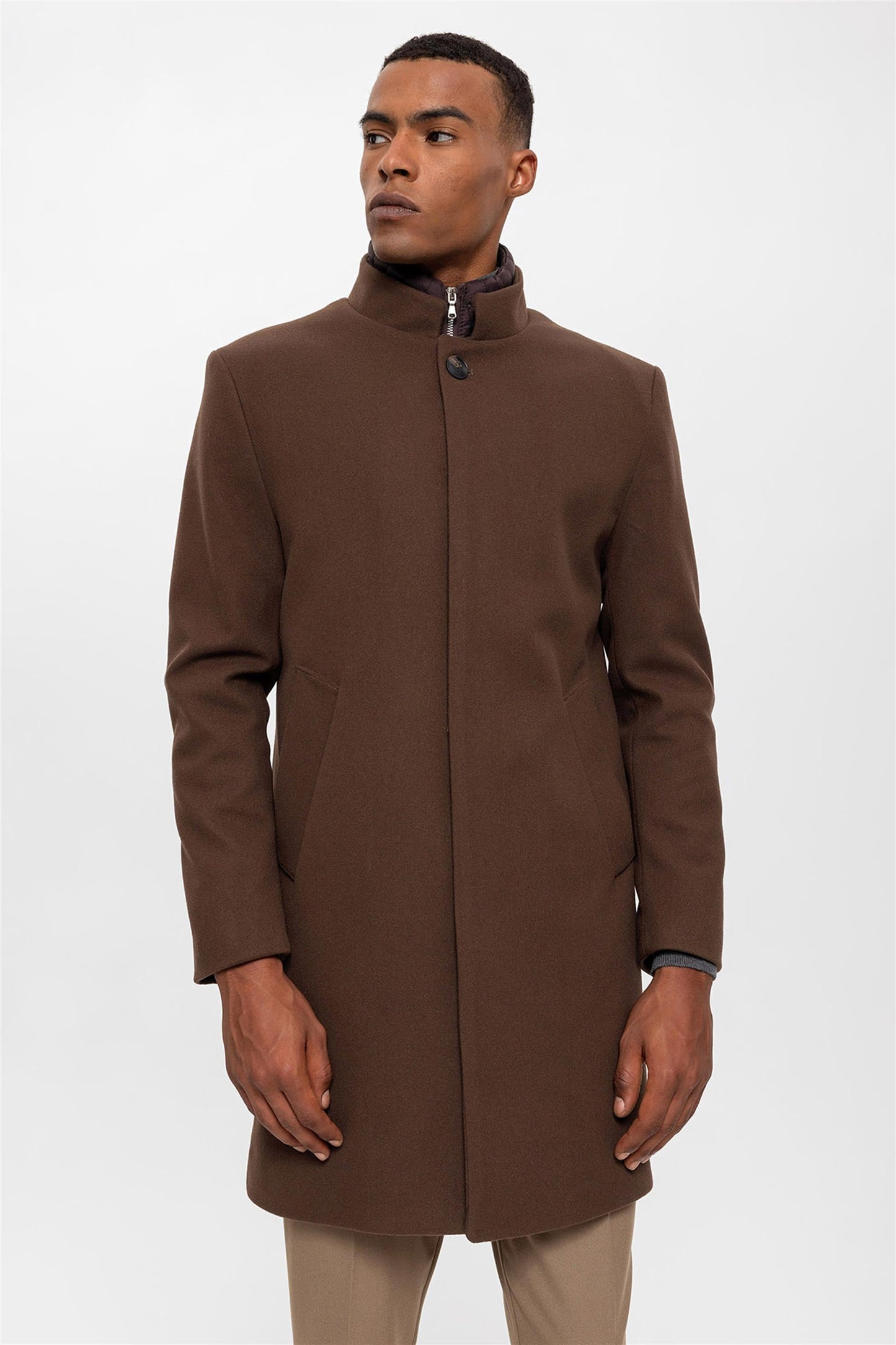 Brown High Collar Men's Coat with Hidden Button Detail