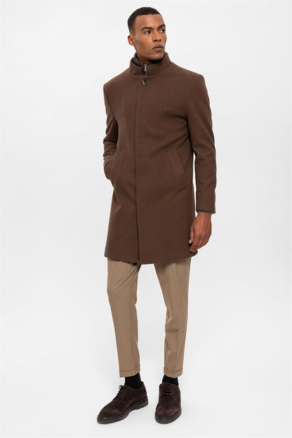 Brown High Collar Men's Coat with Hidden Button Detail