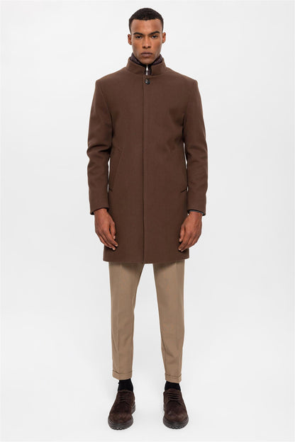 Brown High Collar Men's Coat with Hidden Button Detail