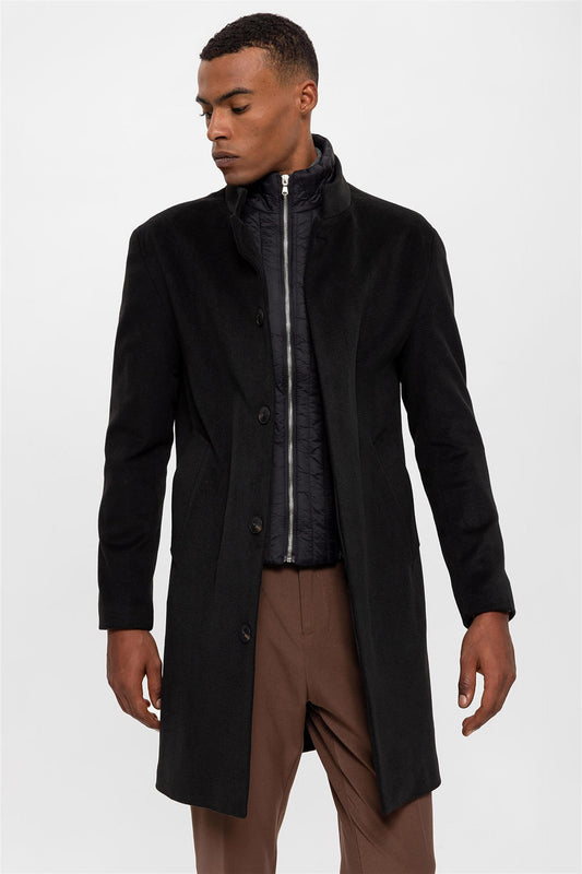 Black High Collar Men's Coat with Hidden Button Detail