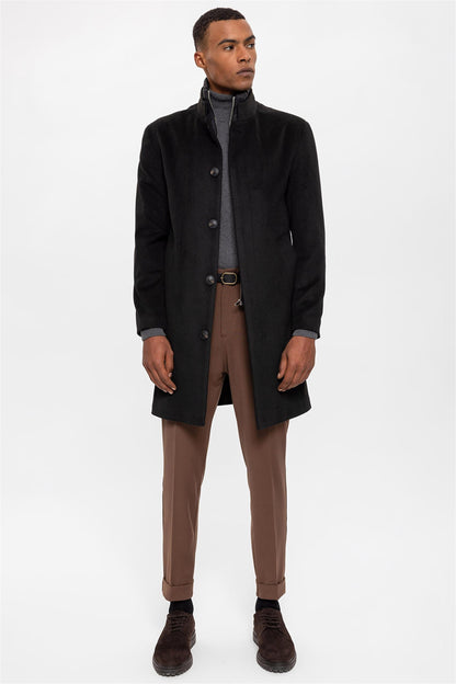 Black High Collar Men's Coat with Hidden Button Detail