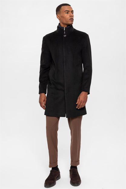 Black High Collar Men's Coat with Hidden Button Detail