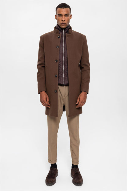Brown High Collar Men's Coat with Hidden Button Detail