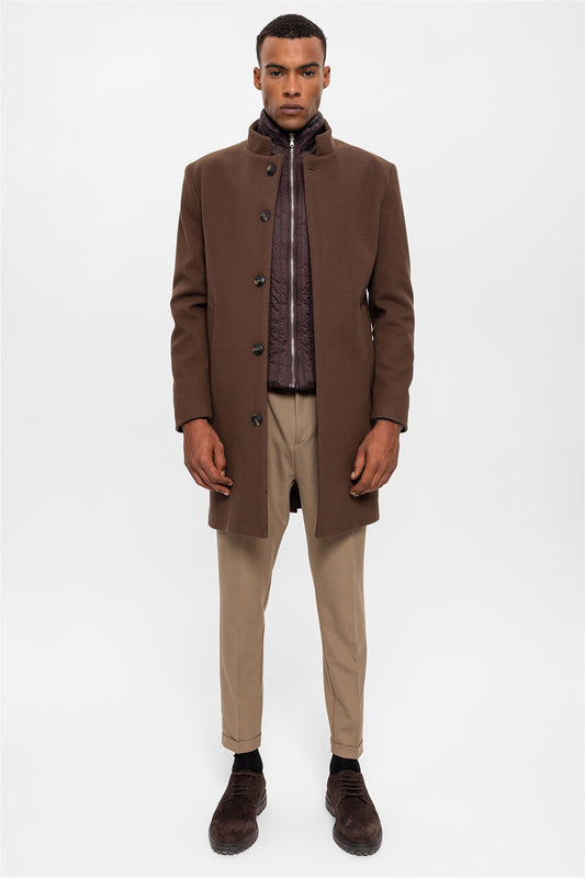 Brown High Collar Men's Coat with Hidden Button Detail