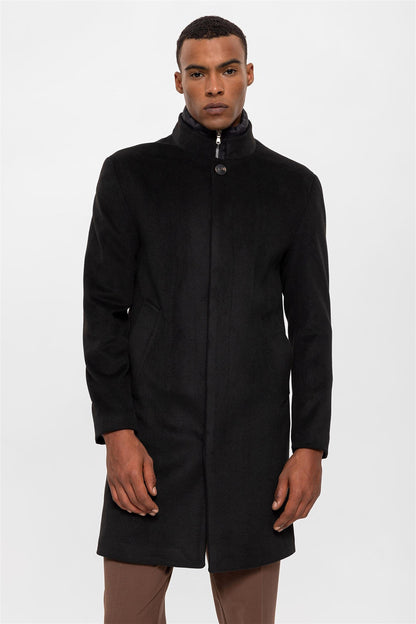 Black High Collar Men's Coat with Hidden Button Detail