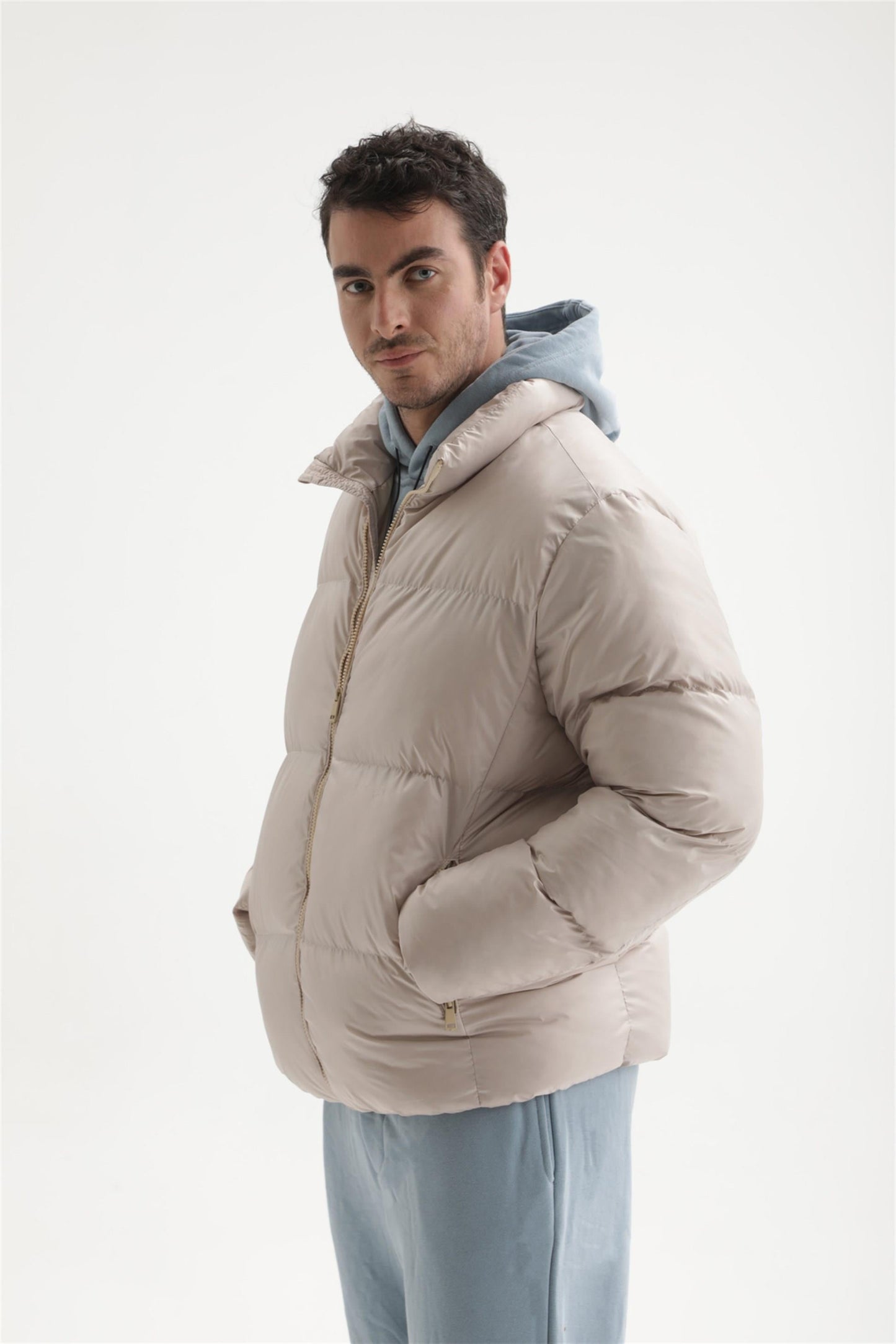 Men's Beige Vertical Collar Rubber Inflatable Coat