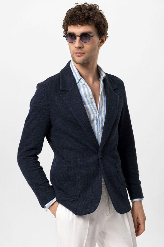 Men's Navy Blue Textured Plain Blazer