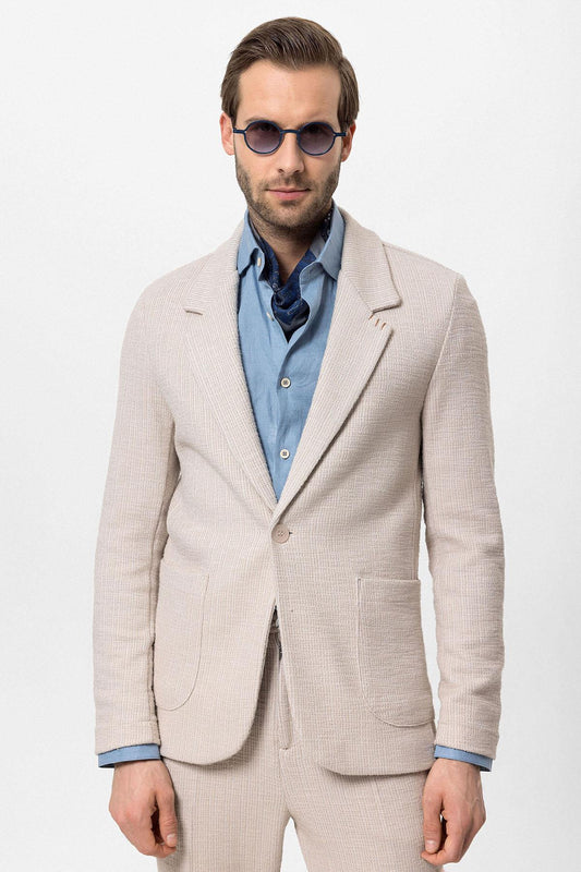 Men's Beige Textured Plain Blazer