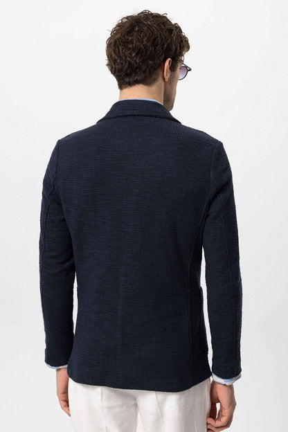 Men's Navy Blue Textured Plain Blazer