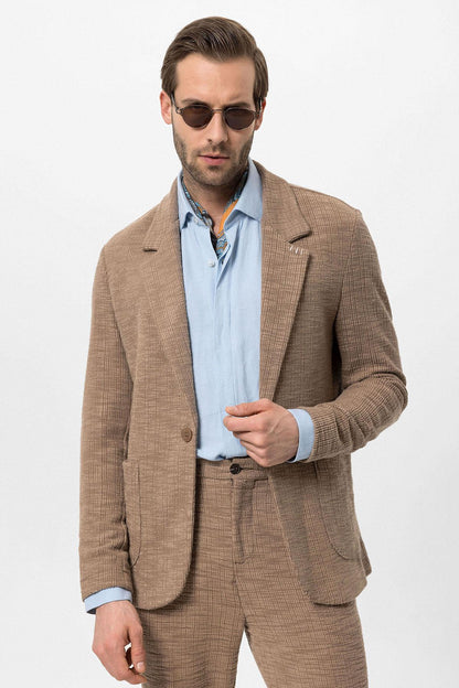 Men's Light Brown Textured Plain Blazer