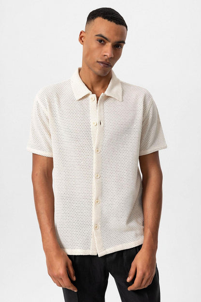 KOALA SYDNEY  Men's Ecru Textured Short Sleeve Shirt -