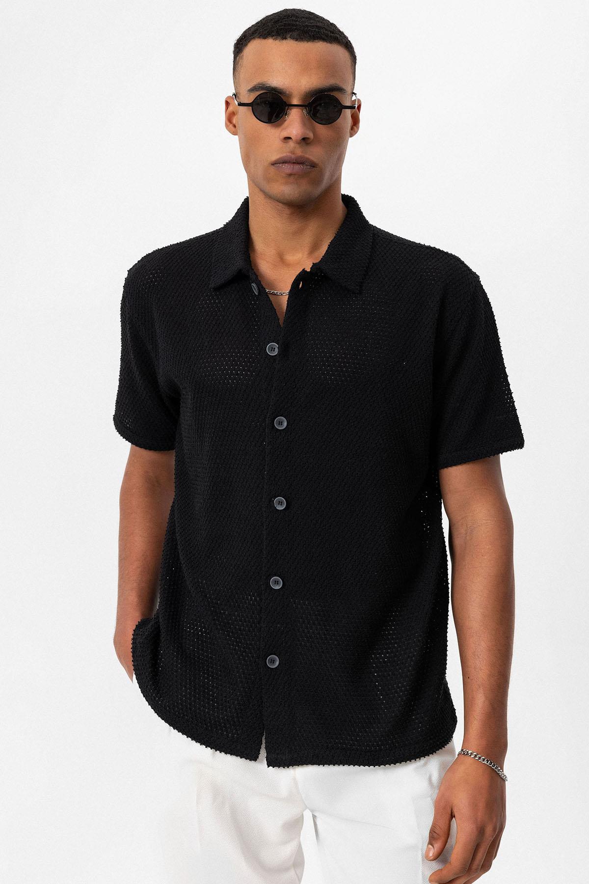 KOALA SYDNEY  Men's Black Textured Short Sleeve Shirt -