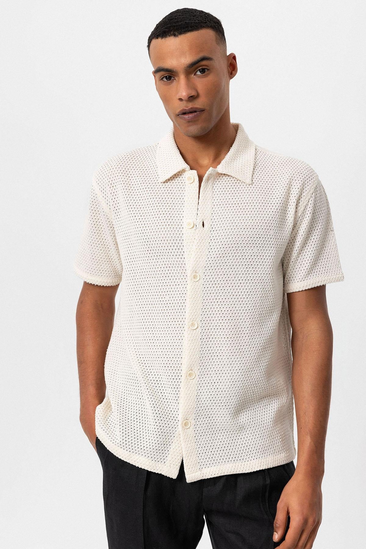 KOALA SYDNEY  Men's Ecru Textured Short Sleeve Shirt -