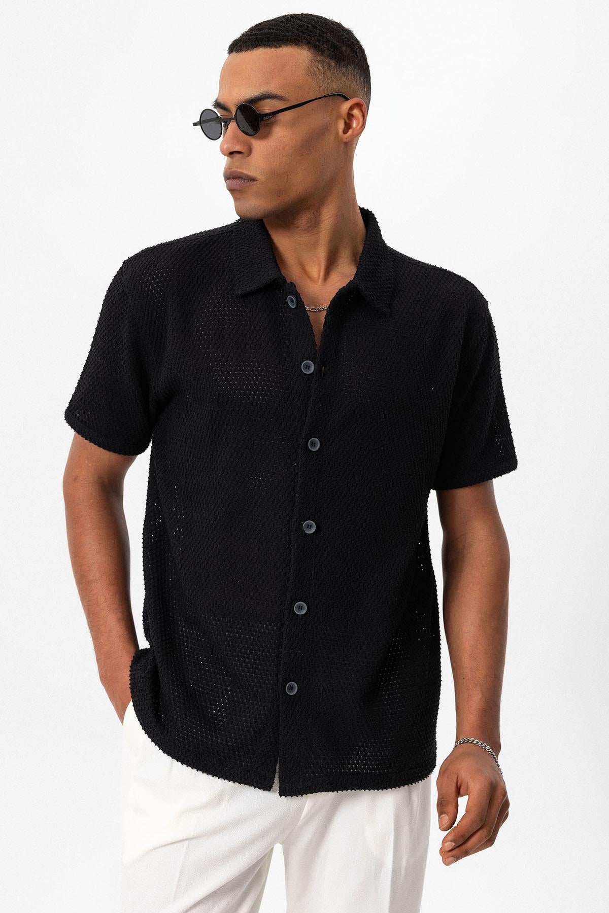 KOALA SYDNEY  Men's Black Textured Short Sleeve Shirt -
