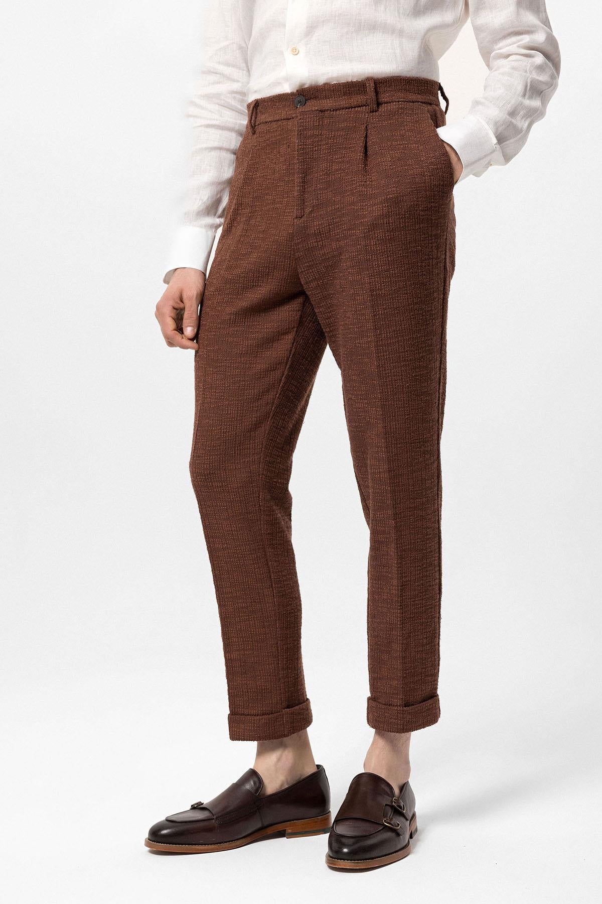 Men's Dark Brown Textured Pleated Double Leg Trousers