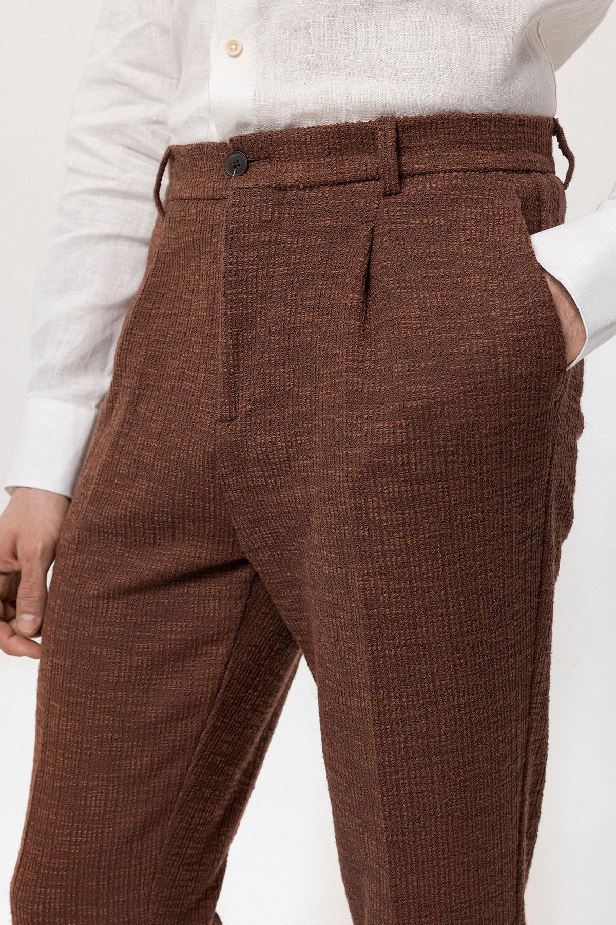 Men's Dark Brown Textured Pleated Double Leg Trousers