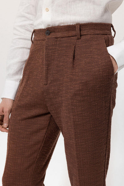 Men's Dark Brown Textured Pleated Double Leg Trousers