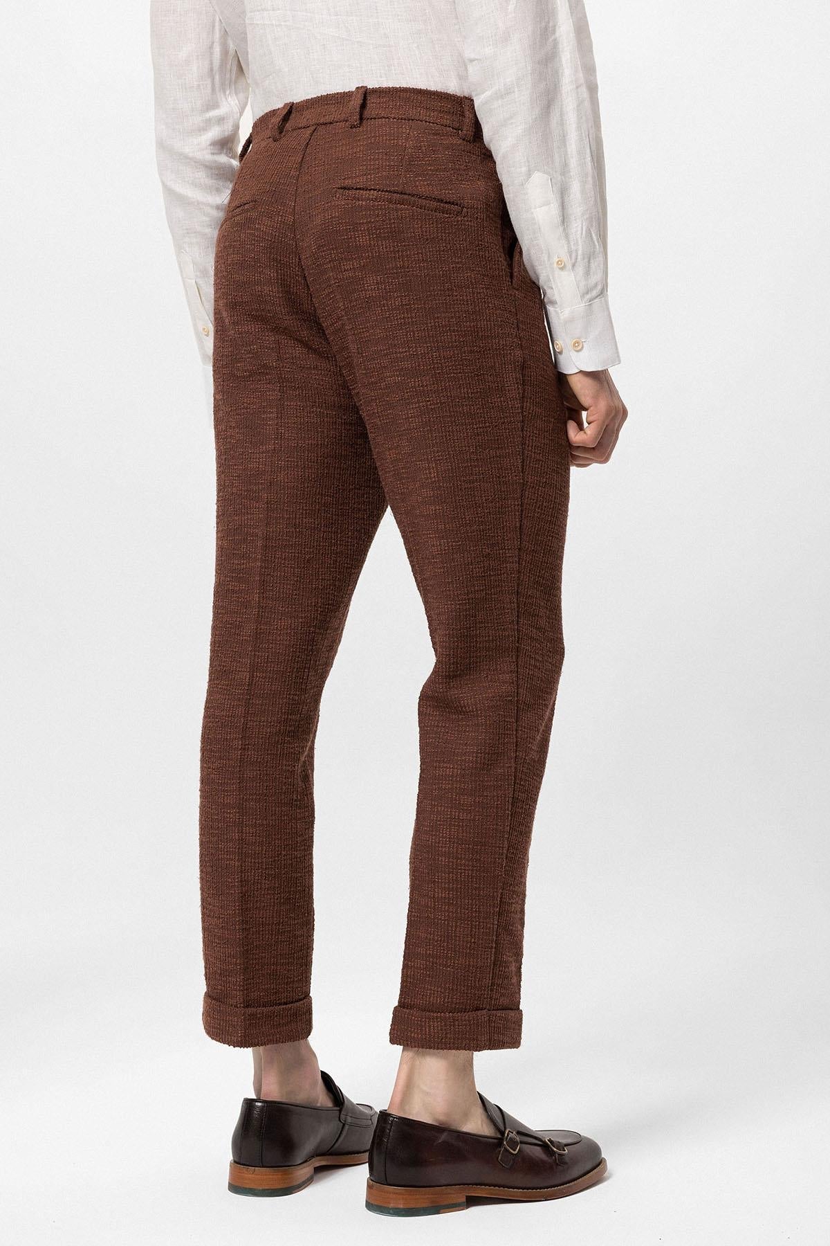 Men's Dark Brown Textured Pleated Double Leg Trousers