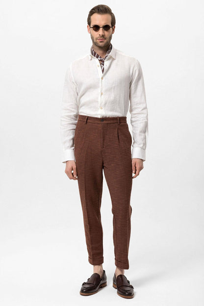 Men's Dark Brown Textured Pleated Double Leg Trousers