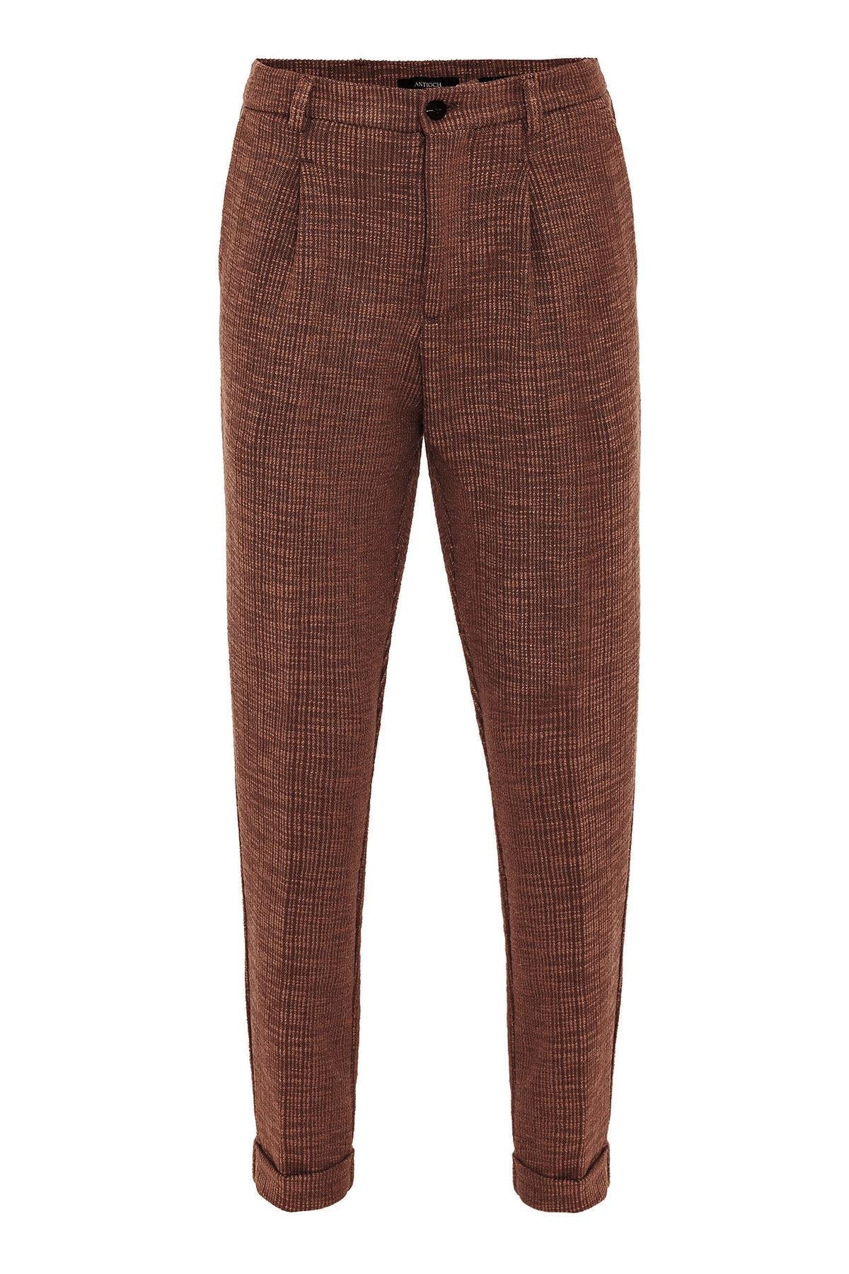 Men's Dark Brown Textured Pleated Double Leg Trousers