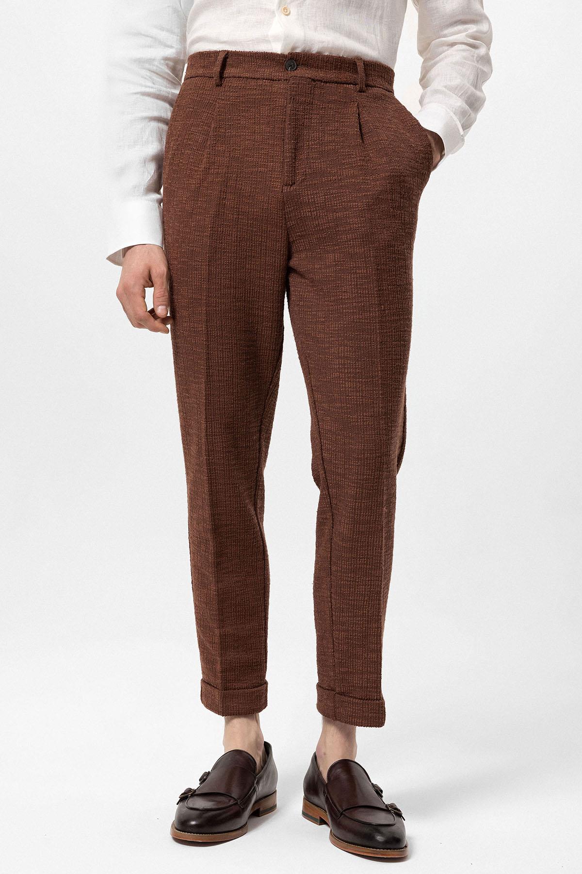 Men's Dark Brown Textured Pleated Double Leg Trousers